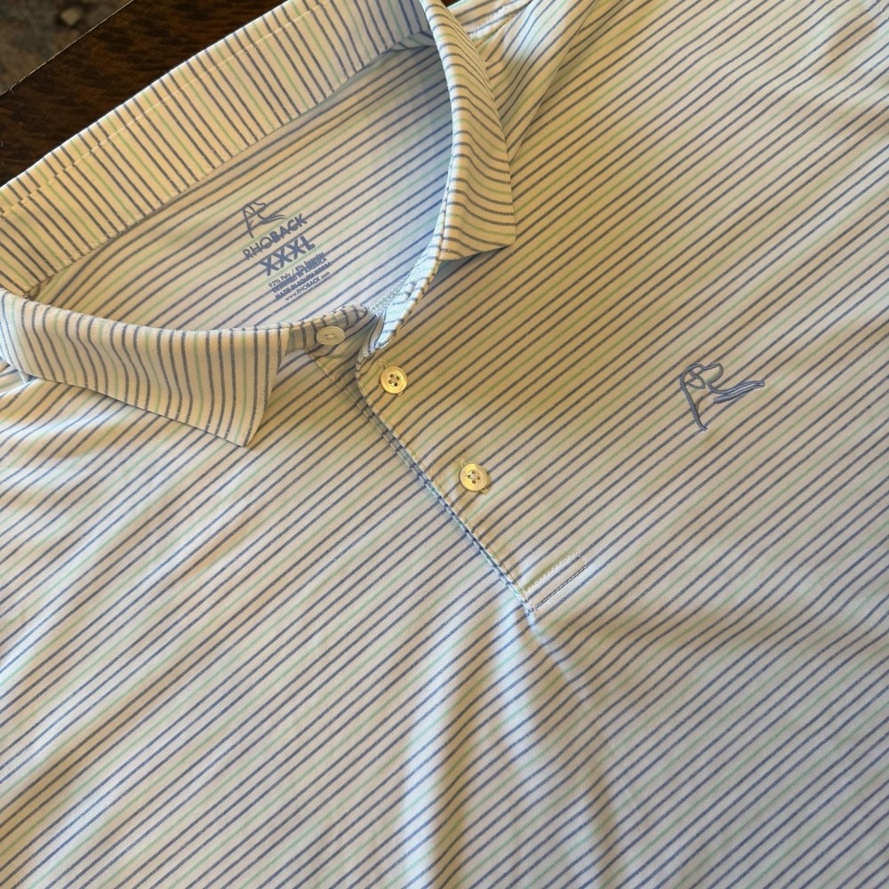 Rhoback Polo Shirt Mens 3XL White Blue Stripe Golf Performance Stretch Jersey